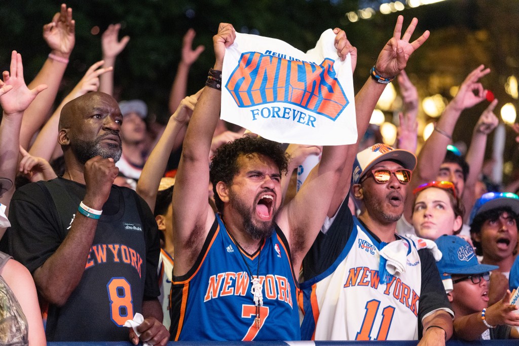 The New York Knick's fans outtside Madison Square Garden during game 2 of the NBA Finals with the Knicks playing the San Antonio Spurs.