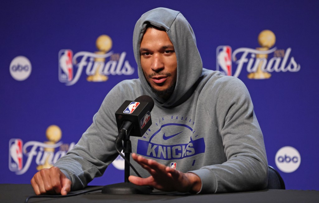 New York Knicks guard Josh Hart #3 speaking to the media at Madison Square Garden.
