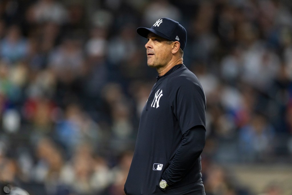 New York Yankees manager Aaron Boone in the dugout during a game.