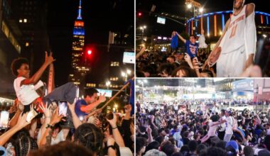 Knicks fans go bonkers in NYC after Game 2 Finals win, celebrating in streets outside MSG