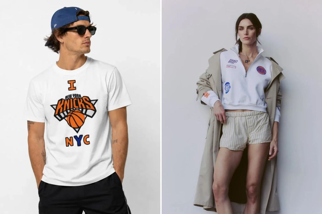 An image collage containing 2 images, Image 1 shows FOR LIFESTYLE -- IMAGES FROM dannijopro.com DJP Finals Tee Unisex - Knicks $115.00- - - https://www.dannijopro.com/collections/dannijopro-for-new-york-knicks/products/djp-finals-tee-unisex-knicks, Image 2 shows FOR LIFESTYLE -- IMAGES FROM dannijopro.com The Varsity Cropped Half Zip - Knicks $225.00 https://www.dannijopro.com/collections/dannijopro-for-new-york-knicks/products/heavyweight-cropped-knicks-half-zip