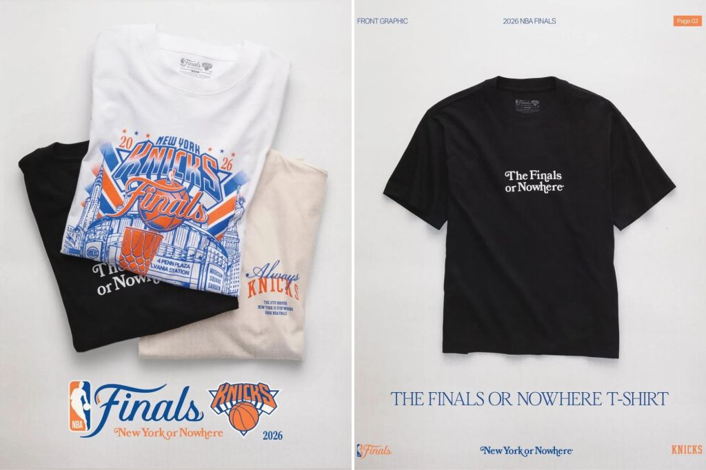 An image collage containing 2 images, Image 1 shows A white, black, and beige t-shirt and tote bag from the New York or Nowhere x Knicks 2026 NBA Finals collection, Image 2 shows A black T-shirt with the words "The Finals or Nowhere" in white script