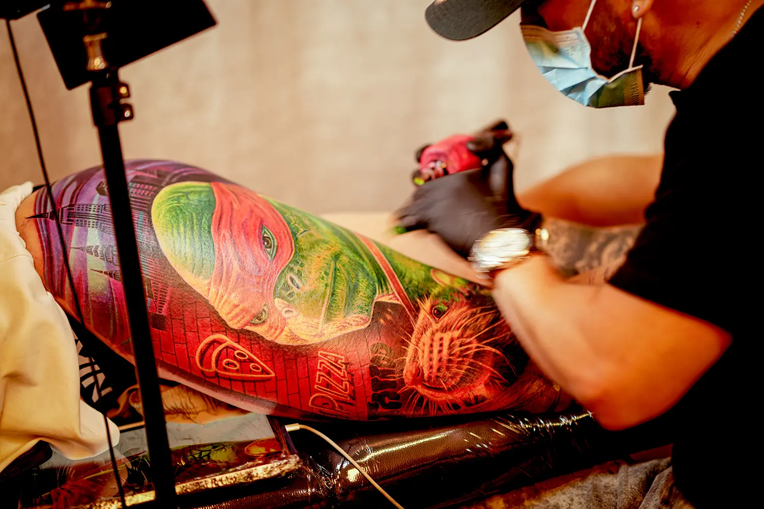 ninja turtle color tattoo on thigh by fernando franco