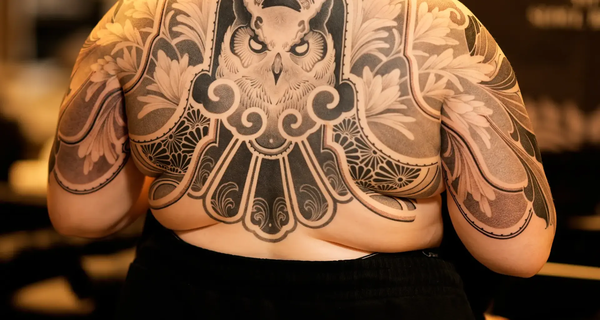 blackwork owl tattoo with ornamental by undulmood