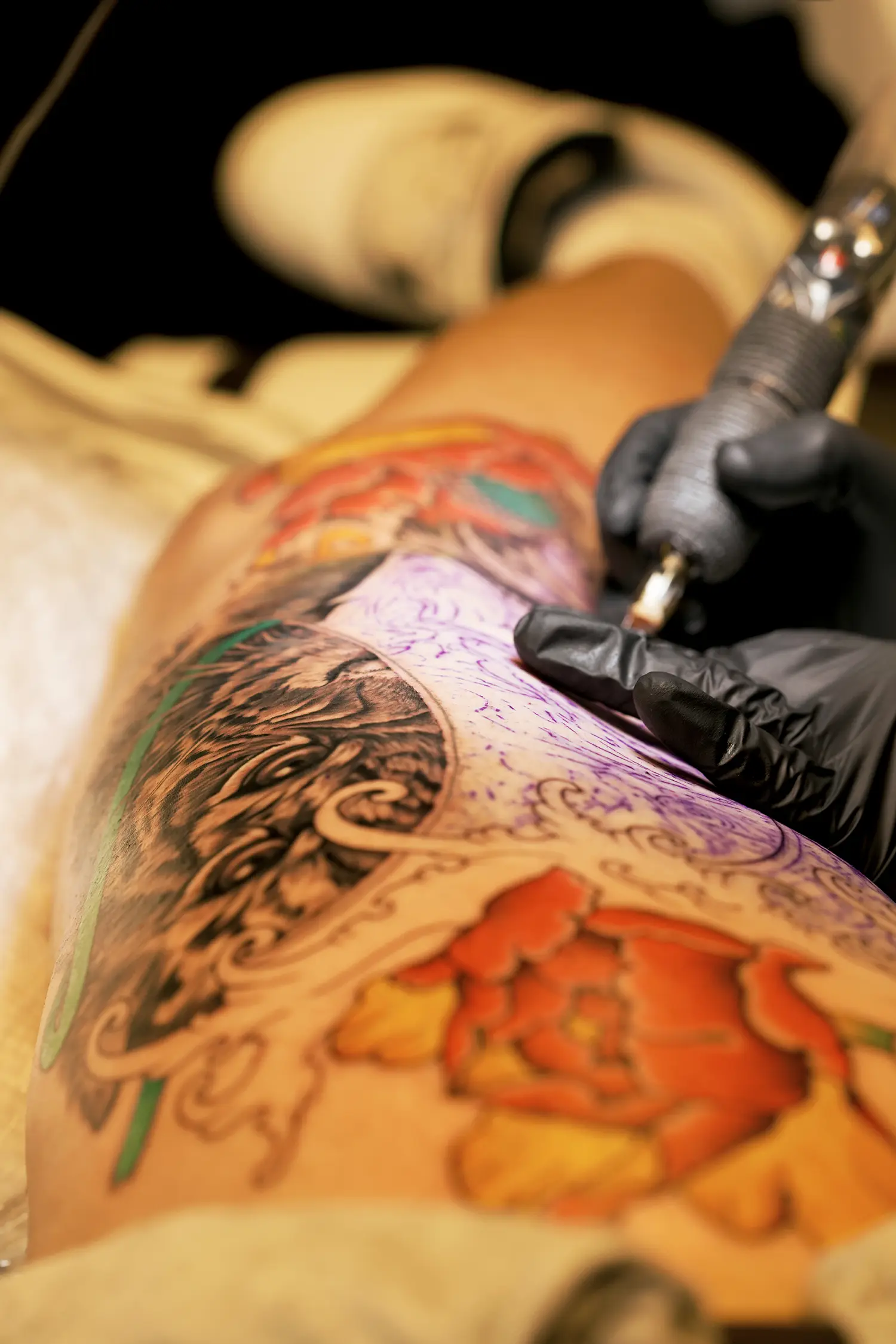elaborate composition and colored tattoo on full leg by bolugo, from puerto rico