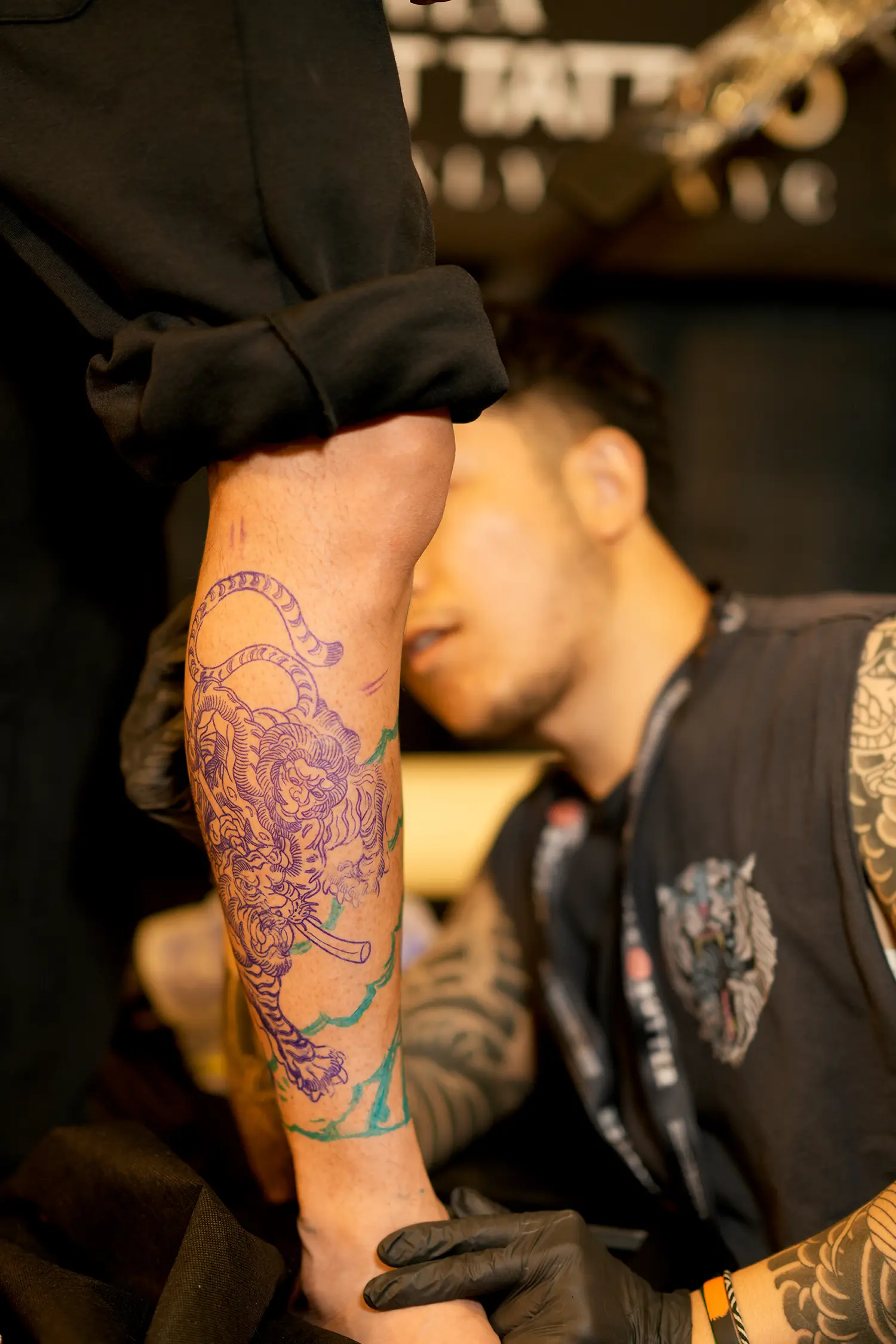 tattoo stencil on leg, tattooing by ghanta from tibet studio in nyc