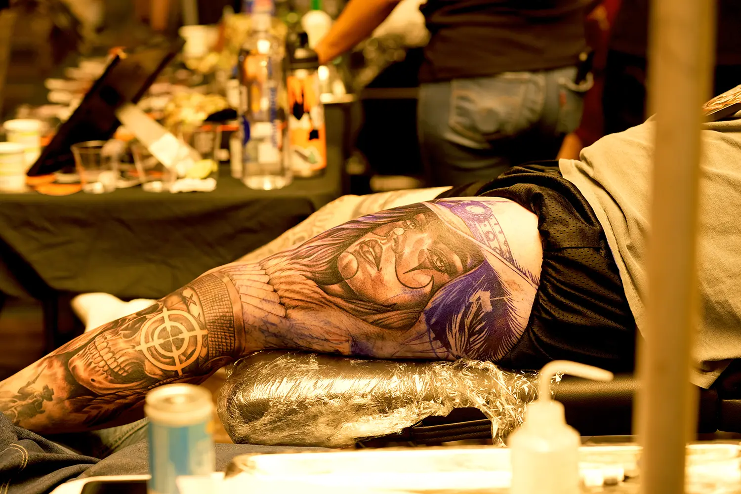 leg tattoo in black and grey by Adam cadena, vsop mesk
