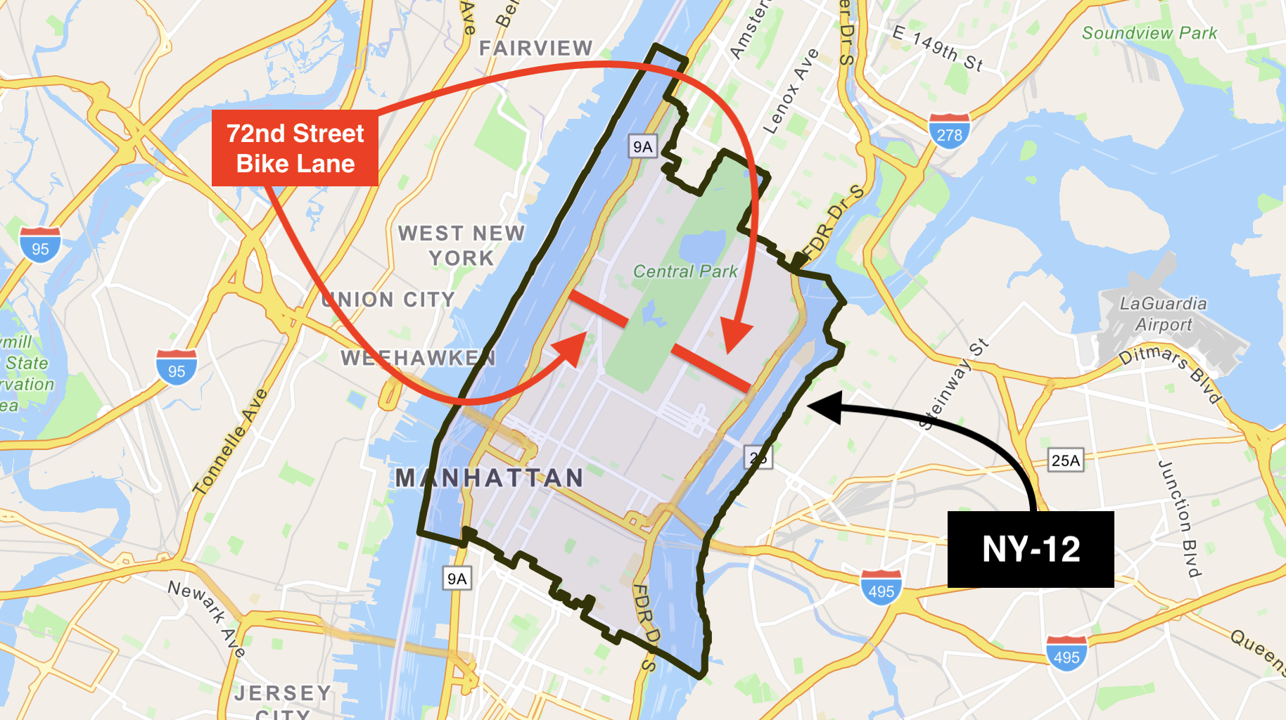 A map of New York’s 12th Congressional District with the 72nd Street bike lane highlighted