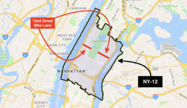 A map of New York’s 12th Congressional District with the 72nd Street bike lane highlighted