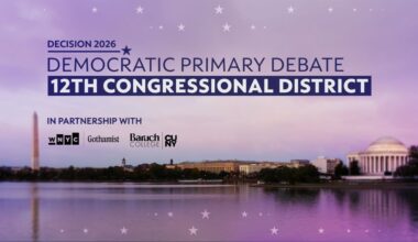 A graphic with "Democratic Primary Debate - 12th Congressional District" on it.
