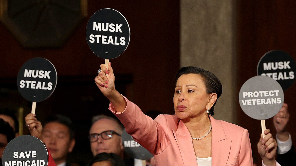 Rep. Nydia Velázquez holding a Musk Steals protest sign with fellow Democrats at the US Capitol.