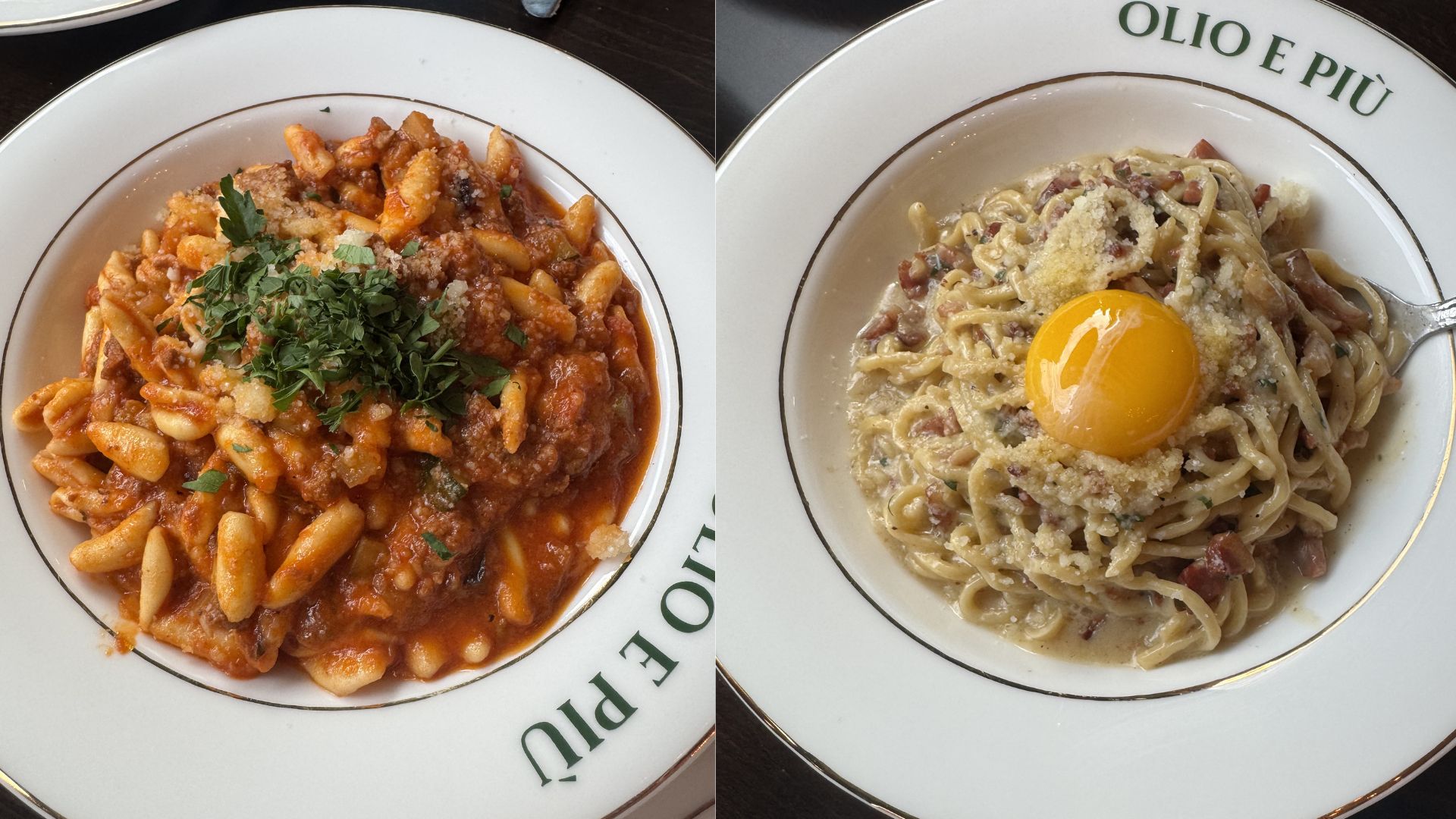 Olio e Più's Cavatelli Lamb Ragú and Spaghetti alla Carbonara.