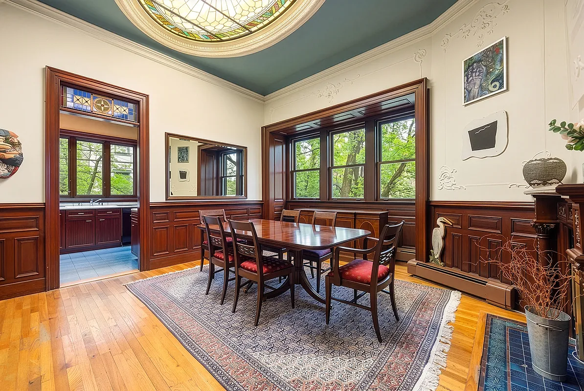dining room with stained glass skylight