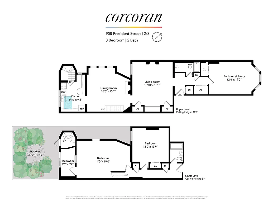 duplex floorplan with bedrooms on lower level and dining and kitchen on parlor level