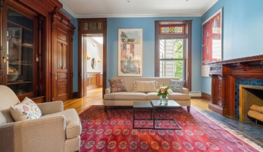 park slope living room with mantel, built-ins, stained glass