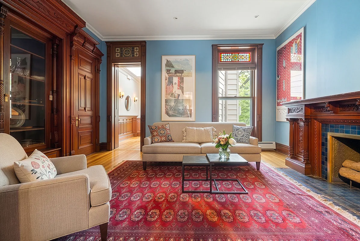 park slope living room with mantel, built-ins, stained glass