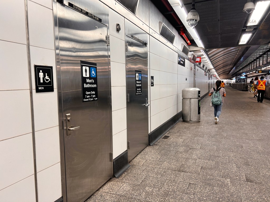 MTA subway train station bathroom doors in Manhattan, New York.