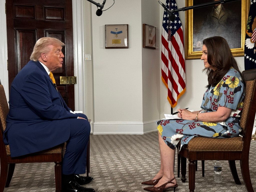 Miranda Devine interviewing President Donald Trump in the White House.