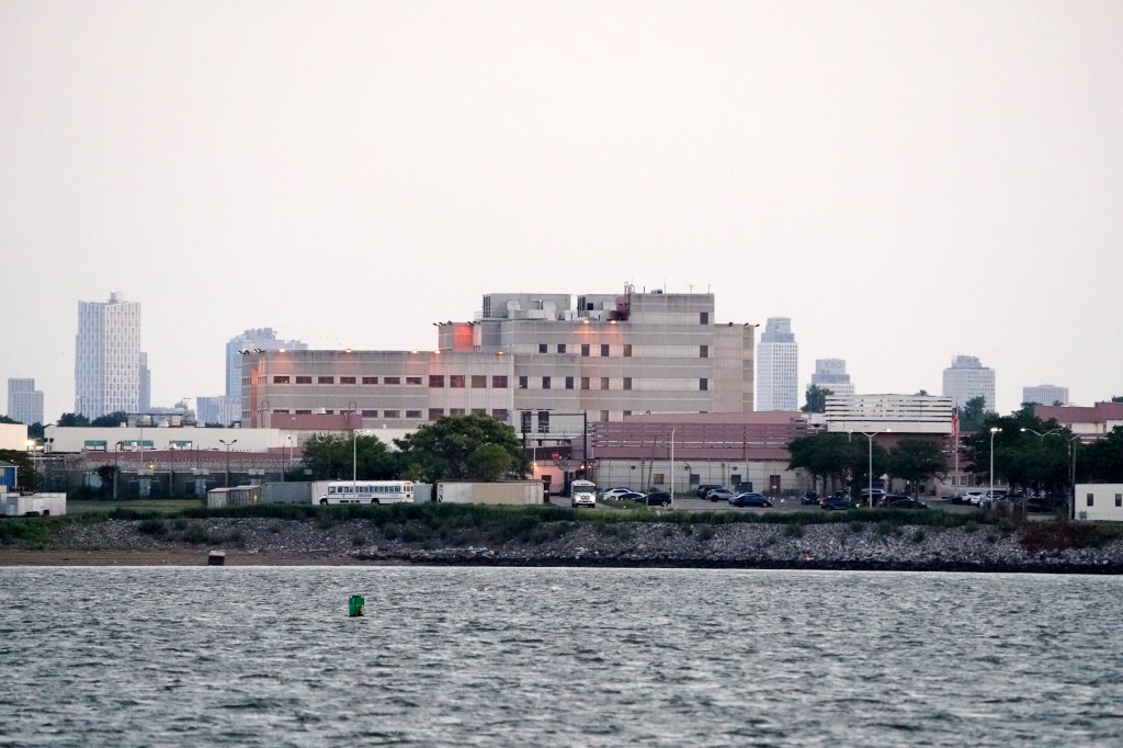 General view of the Rikers Island jail complex as seen from the Bronx, NY.