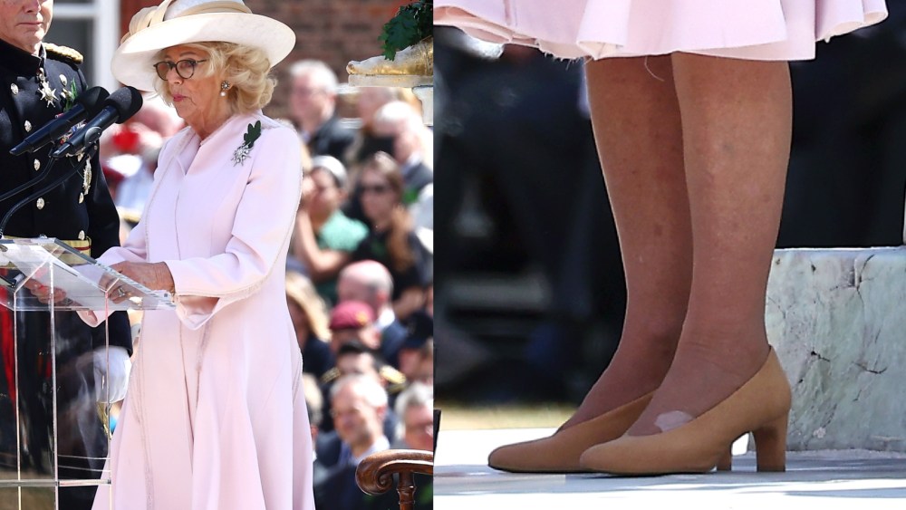 Queen Camilla gives a speech during The 2026 Chelsea Pensioners Founder's Day at Royal Hospital Chelsea on Thursday in London, England.