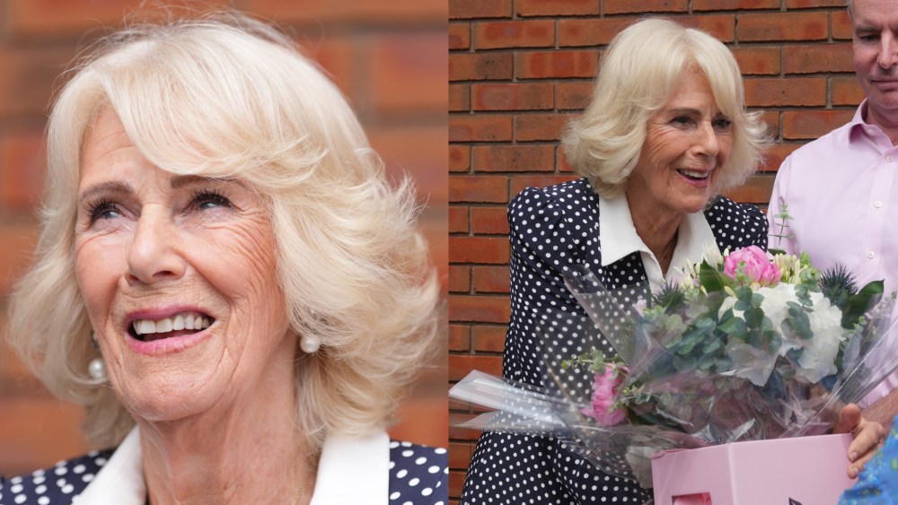 Queen Camilla wears Fiona Clare Aldridge at the official opening of the Neuro Intensive Care Balcony Garden at St George's Hospital on June 2 in London.