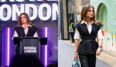Queen Rania of Jordan wears Dior at the SXSW London conference on June 3 in London.