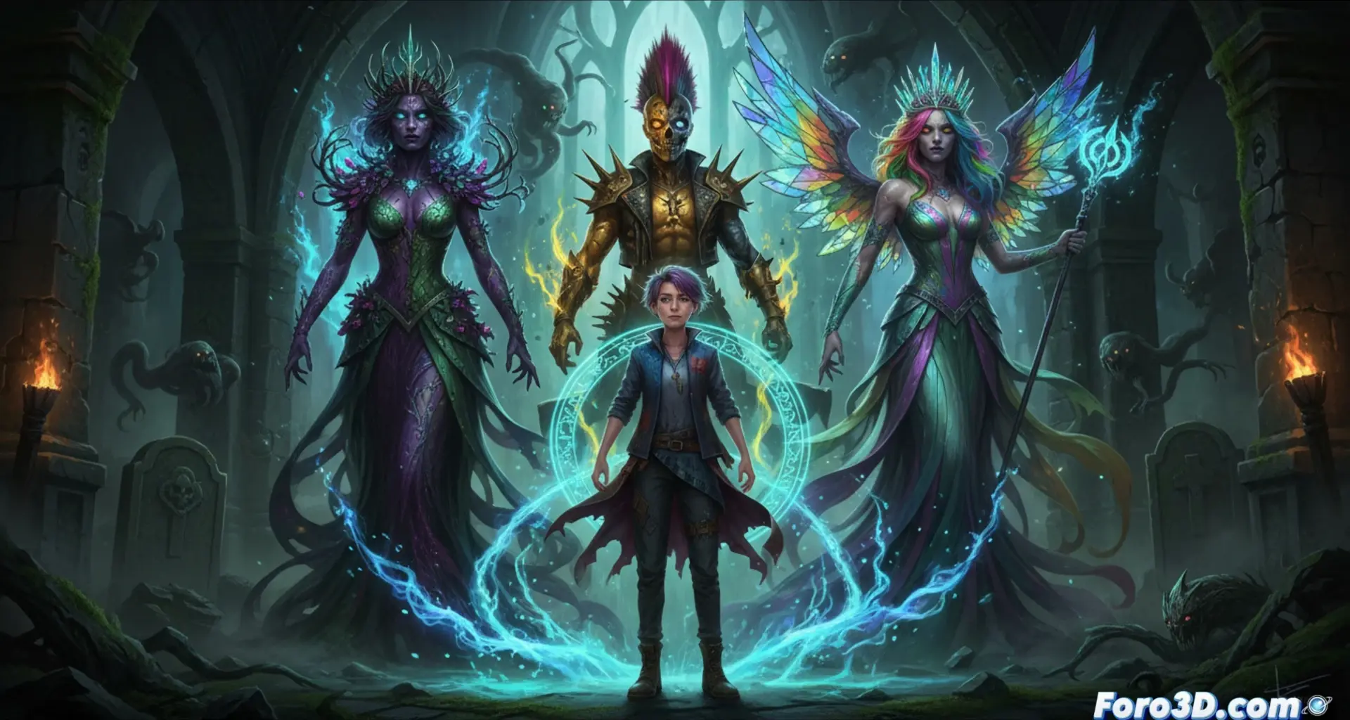 adolescent nonbinary character Barnaby summoning undead queens from a glowing crypt portal in a dark forest, three spectral queens emerging with tattered royal robes and crowns, one queen reaching toward a missing friend’s pendant on the ground, while a laptop on a mossy rock displays a digital summoning interface with glowing circuit lines, cinematic horror illustration, eerie green and purple magical light, cobweb-covered trees, dynamic action pose, Barnaby’s hand raised with arcane symbols, ultra-detailed supernatural textures, dramatic shadow contrast, photorealistic fantasy render