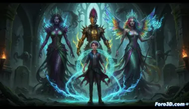 adolescent nonbinary character Barnaby summoning undead queens from a glowing crypt portal in a dark forest, three spectral queens emerging with tattered royal robes and crowns, one queen reaching toward a missing friend’s pendant on the ground, while a laptop on a mossy rock displays a digital summoning interface with glowing circuit lines, cinematic horror illustration, eerie green and purple magical light, cobweb-covered trees, dynamic action pose, Barnaby’s hand raised with arcane symbols, ultra-detailed supernatural textures, dramatic shadow contrast, photorealistic fantasy render