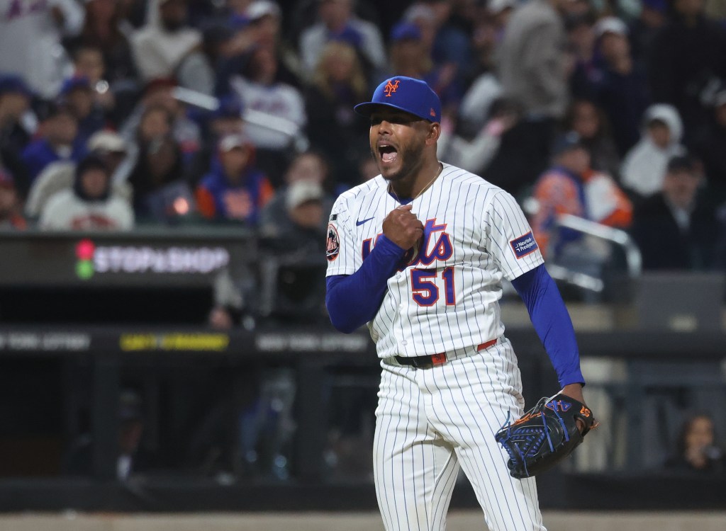 New York Mets pitcher Freddy Peralta (51) reacting after ending the sixth inning against the Detroit Tigers.