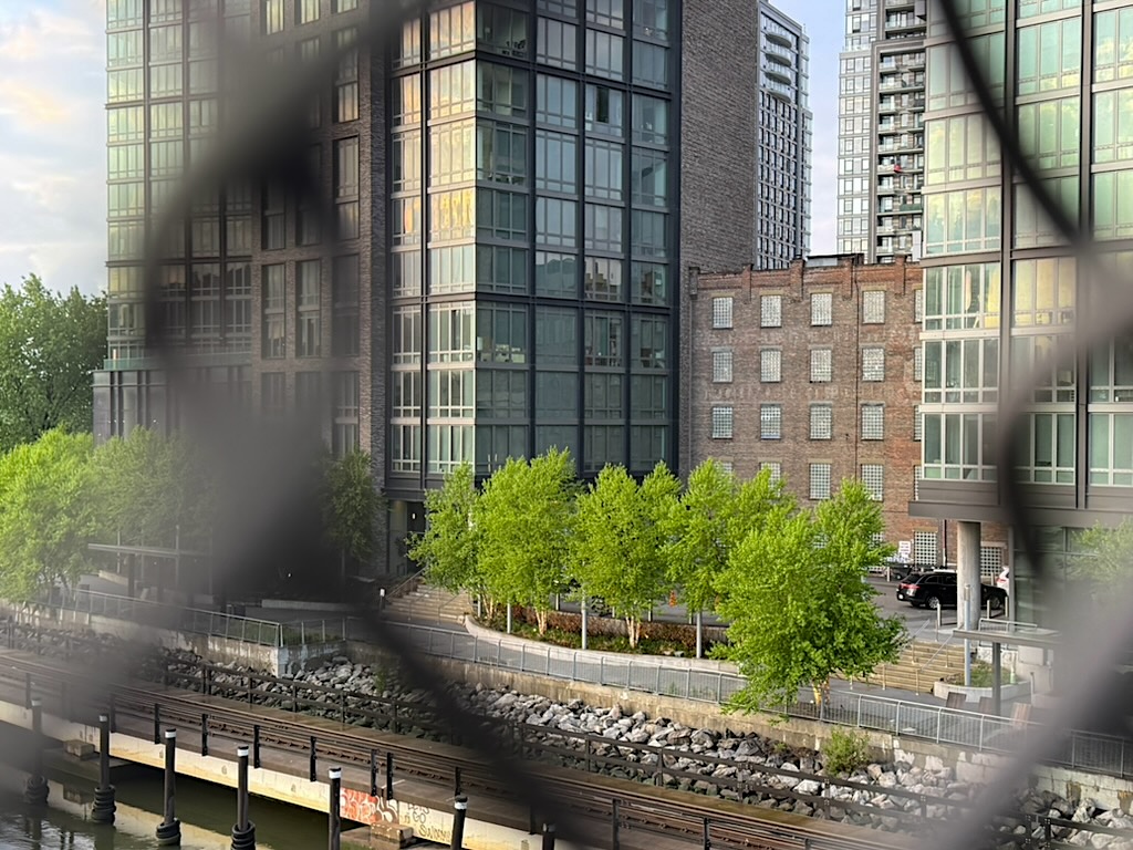 View of modern buildings alongside a waterfront park, framed by a fence, with greenery in the foreground.