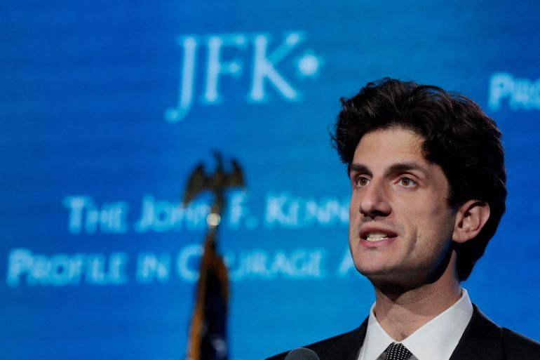 Jack Schlossberg speaks during the 2026 John F. Kennedy Profile in Courage Award ceremony at the John F. Kennedy Presidential Library and Museum in Boston, Massachusetts, U.S., May 31, 2026. REUTERS/Brian Snyder