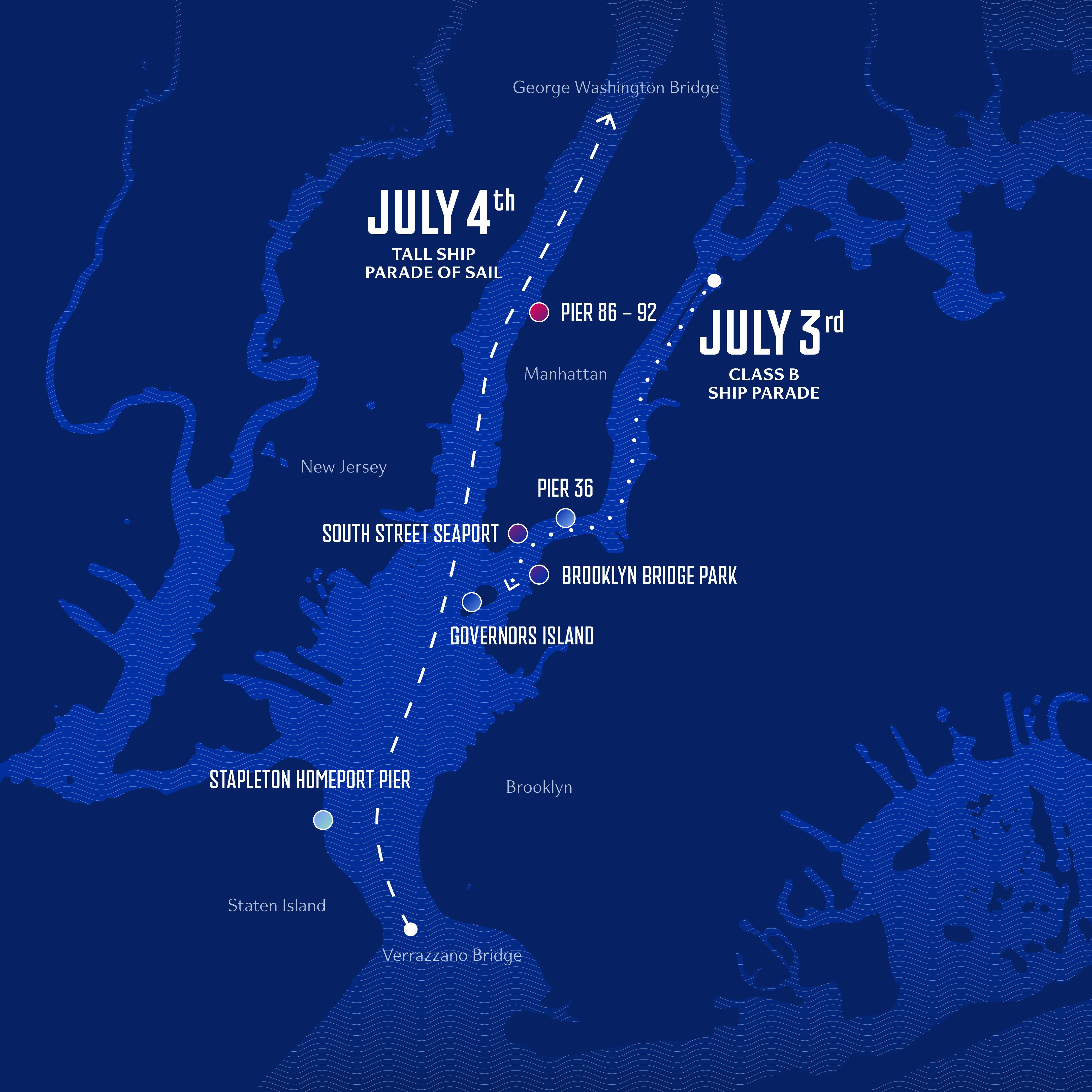 Class B ships will sail down the East River on July 3. Class A ships will set sail during the International Parade of Sail in the Hudson River on July 4. Image: Map Courtesy of Sail4th 250