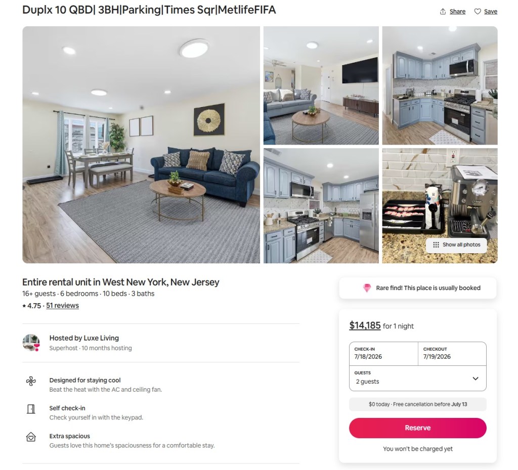 Collage of images showing an Airbnb rental in West New York, New Jersey, listed at $14,185 for one night.