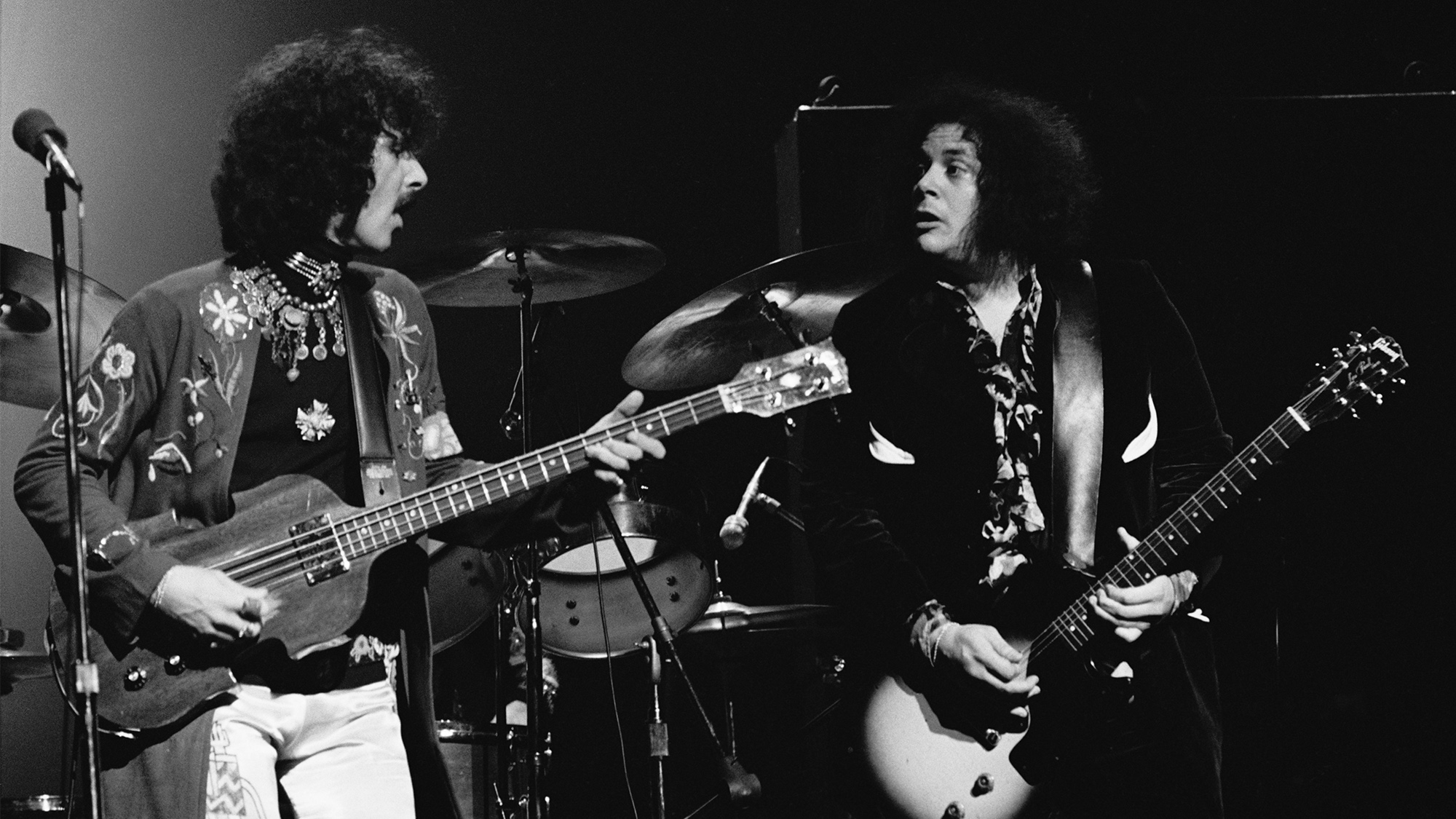 American hard rock band Mountain perform at the last night at Fillmore East, New York City, 27th June 1971. They are musicians Felix Pappalardi (left) and Leslie West.