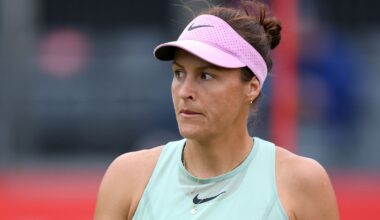 Tatjana Maria of Germany celebrates a point against Kamilla Rakhimova of Uzbekistan during the Women's Singles qualifier match ahead of the