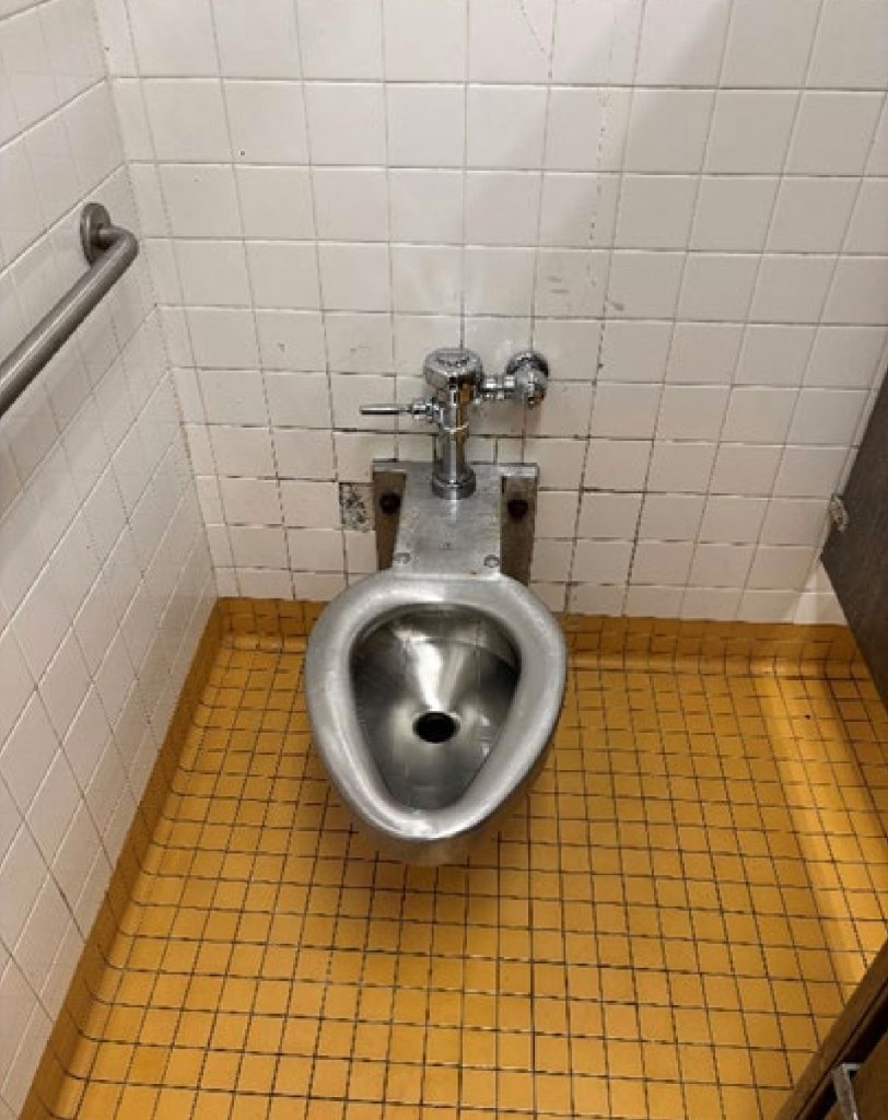 A stainless-steel toilet without a seat in the women's bathroom at 161st Street on the 4 line.