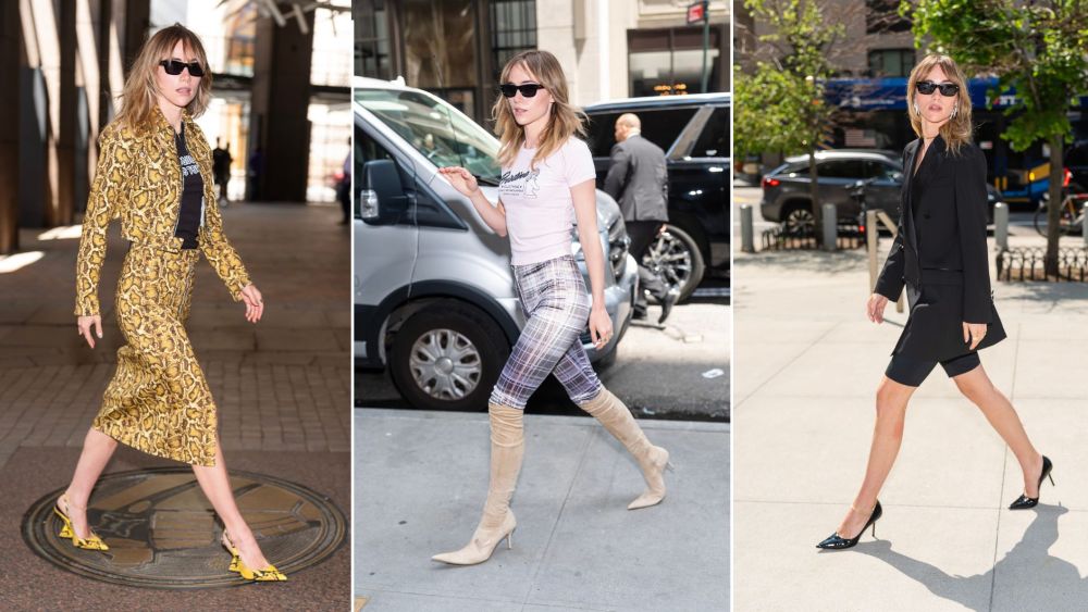 Suki Waterhouse wearing the Attico Cheope 105 slingbacks, a pair of slouchy pointed-toe knee-high boots and Jimmy Choo's black patent leather Love Pumps while out in New York City on Monday.