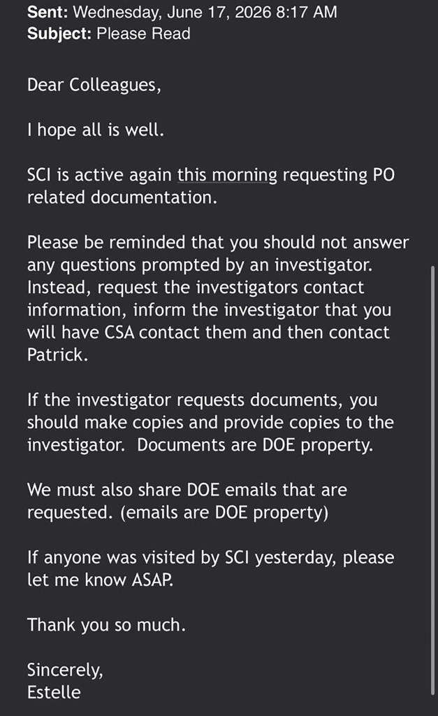 An email from "Estelle" with the subject "Please Read" instructing colleagues not to cooperate directly with SCI investigators.