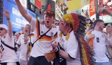 Germany and Ecuador World Cup fans fill New York’s Times Square with flags, drums, music and noise
