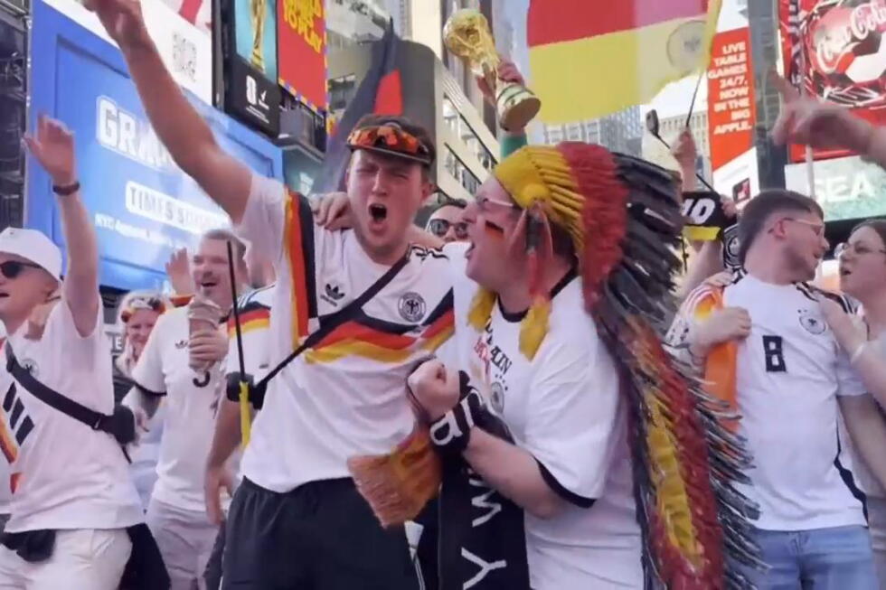 Germany and Ecuador World Cup fans fill New York’s Times Square with flags, drums, music and noise