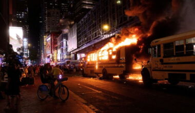 World Cup Bus Set Alight as Chaotic Celebrations Erupt in Manhattan After Knicks Win