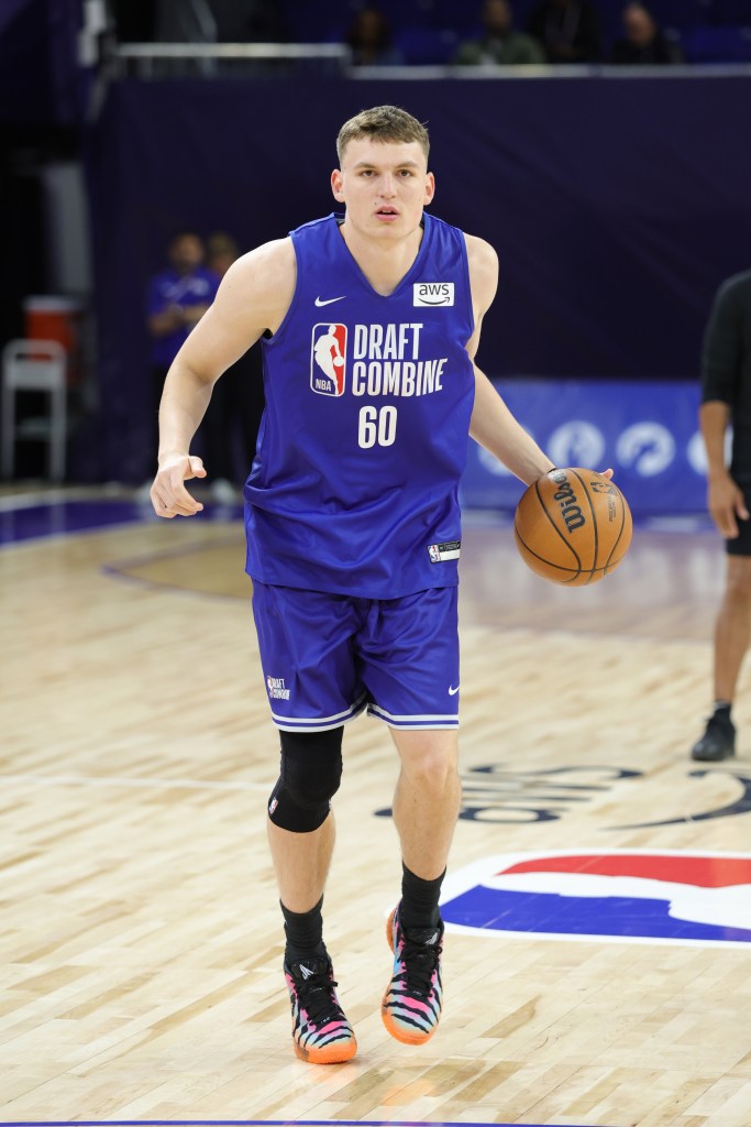 Tyler Bilodeau dribbles the ball during the 2026 NBA Draft Combine.