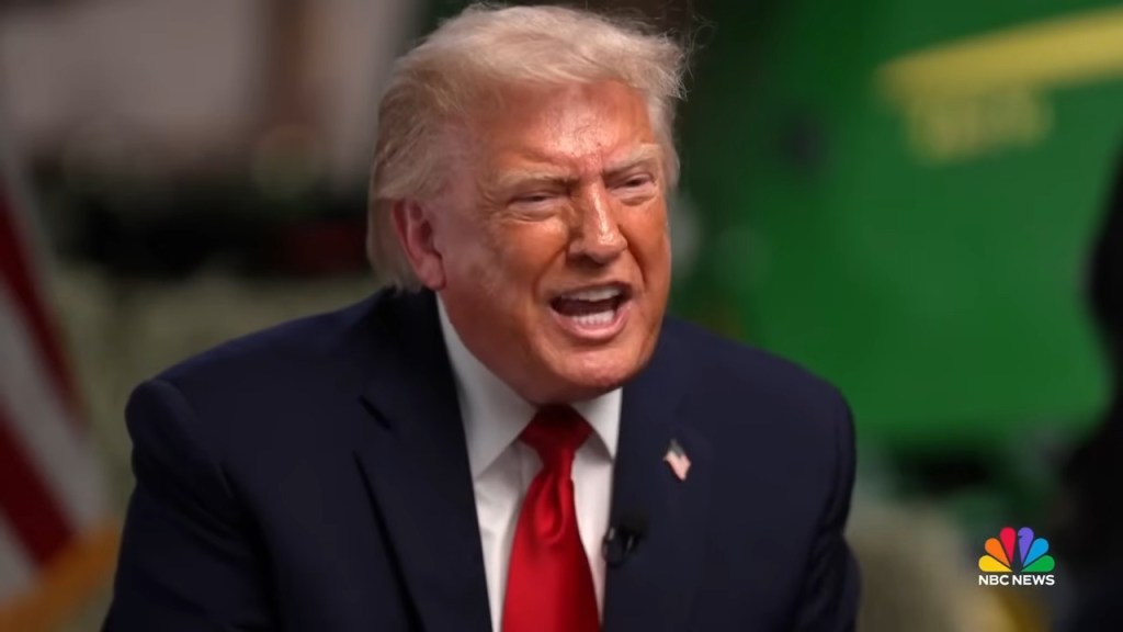 President Donald Trump speaking in an agitated manner during an interview with NBC News.