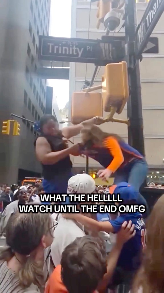 Two women engaged in a physical altercation on a street in New York, with crowds of people watching.