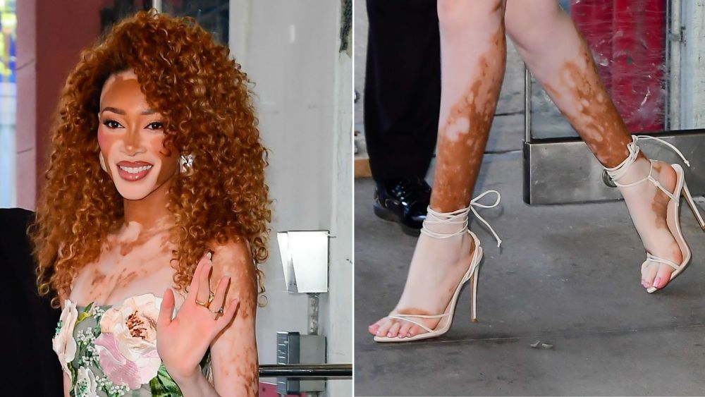 Winnie Harlow wore a pair of white ankle wrap sandal stilettos while visiting SiriusXM in New York on Monday to promote her children's book, "Simply Winnie."