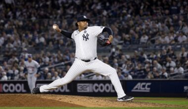 Carlos Rodon pitching for the New York Yankees at Yankee Stadium