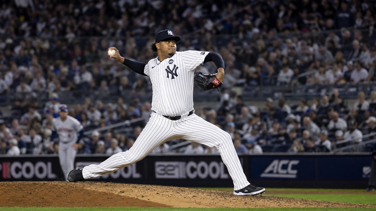 Carlos Rodon pitching for the New York Yankees at Yankee Stadium