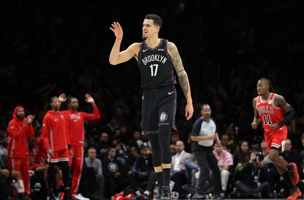 Brooklyn Nets player Michael Porter Jr. reacts after scoring during the third quarter.