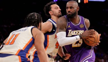 Feb 1, 2026; New York, New York, USA; Los Angeles Lakers forward LeBron James (23) drives to the basket against New York Knicks guards Jalen Brunson (11) and Landry Shamet (44) during the third quarter at Madison Square Garden. Mandatory Credit: Brad Penner-Imagn Images