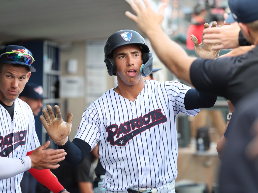 Somerset Patriots shortstop George Lombard Jr. #3, gets high-fives in the dugout after he scored from 3rd base on a sac-fly in the 1st inning on April 17, 2026.
